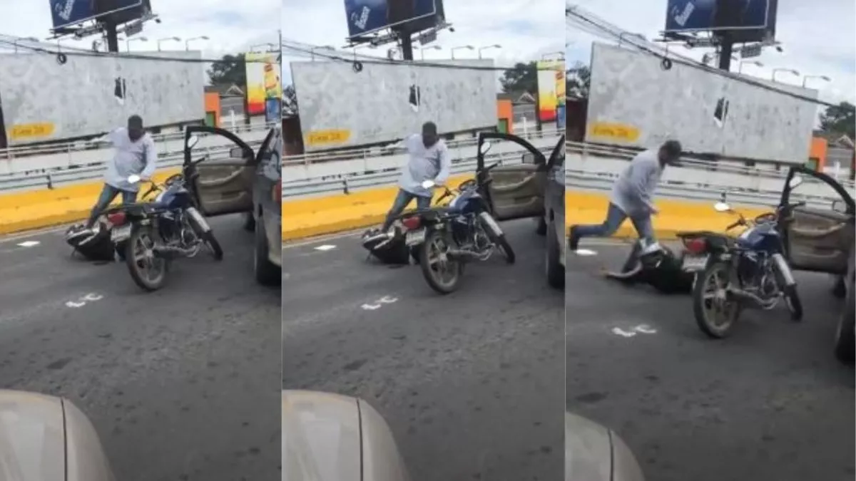 (VIDEO) Porque supuestamente se le atravesó en la vía motorista agrede de forma salvaje a motociclista