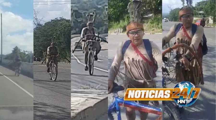 Vestido de indio y en "bici", desde Lempira va hacia Casa Presidecial para hacerle petición a Xiomara (vídeo)
