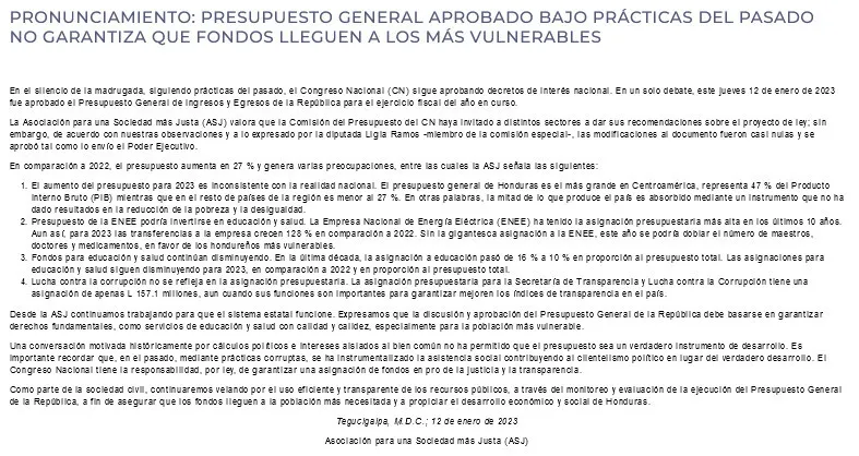Screenshot 2023-01-12 at 15-22-07 PRONUNCIAMIENTO Presupuesto general aprobado bajo prácticas del pasado no garantiza que fondos lleguen a los más vulnerables - ASJ Honduras