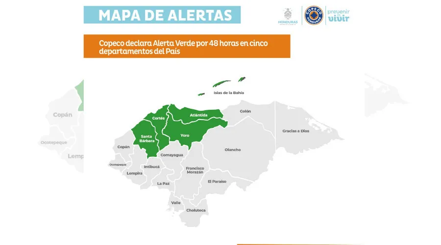 Copeco declara Alerta Verde por 48 horas en cinco departamentos del País
