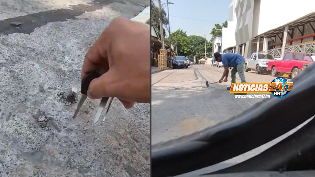 VIDEO ¡Otra llanta salvada! Sampedrano toma medidas ante descuido de calles y aplana clavos en el asfalto