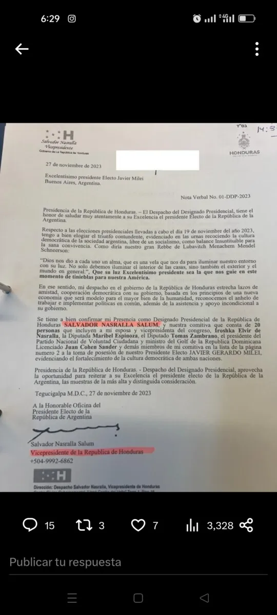 Canciller: Renato Florentino es el delegado presidencial para asistir a la investidura de Milei, no Nasralla