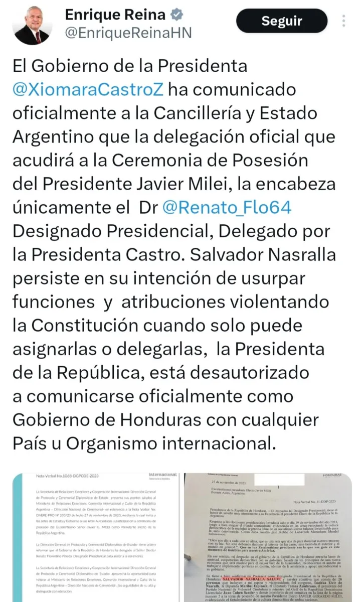 Canciller: Renato Florentino es el delegado presidencial para asistir a la investidura de Milei, no Nasralla