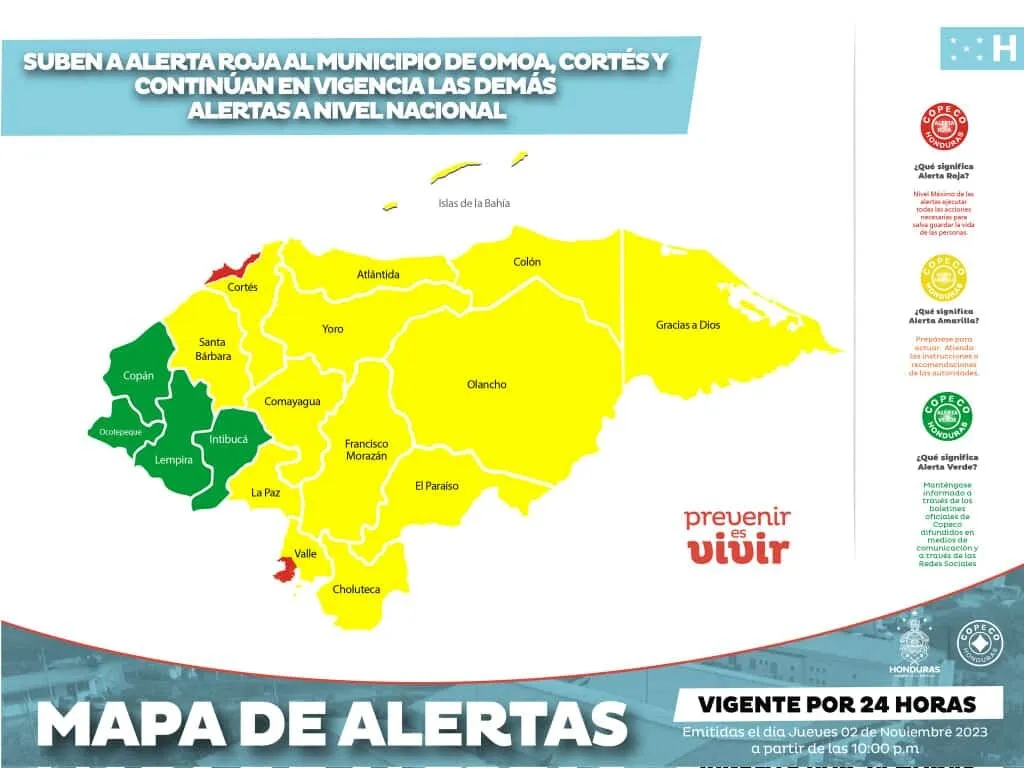 Suben a alerta roja al municipio de Omoa, Cortés y continúan en vigencia las demás alertas a nivel nacional