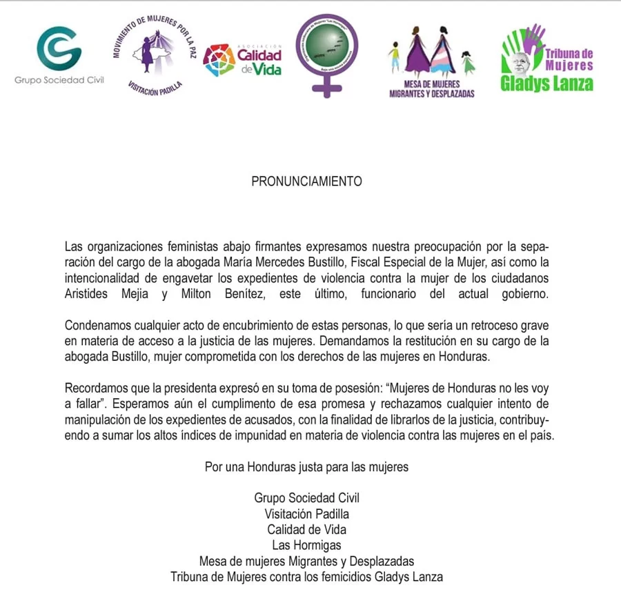 Comunicado Organizaciones Feministas Maria Mercedes Bustillo